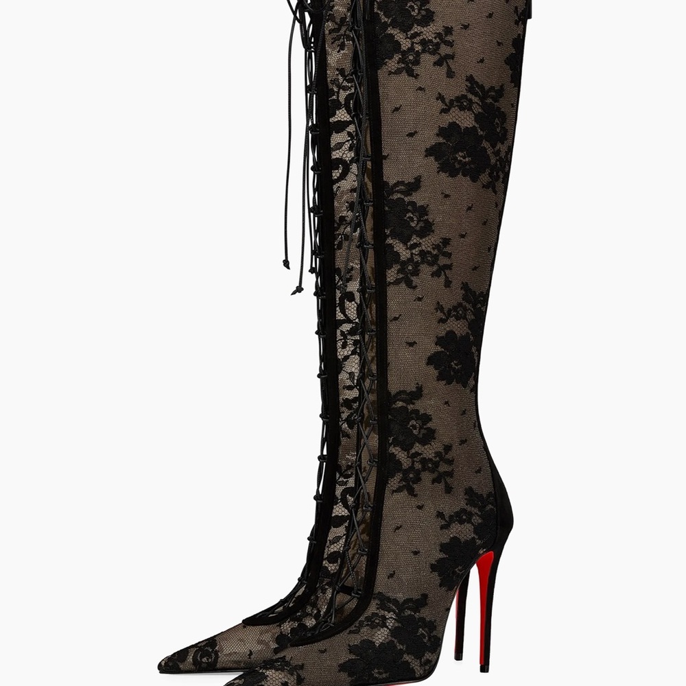 Christian Louboutin Km Botta 100MM Lace and Leather Knee High Boots